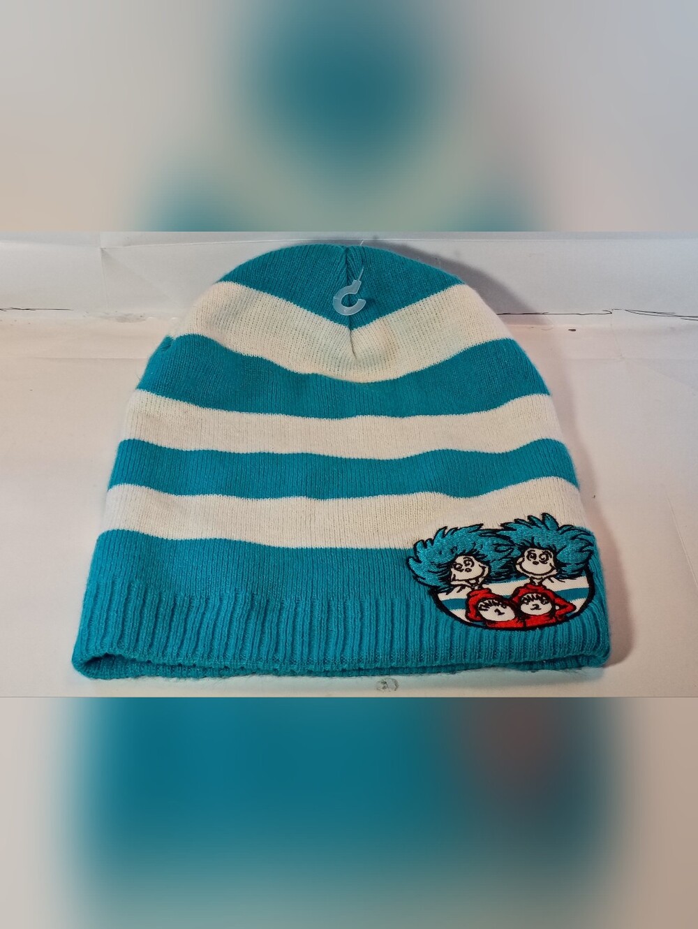 Striped Teal & White Thing 1 & Thing 2 Beanie